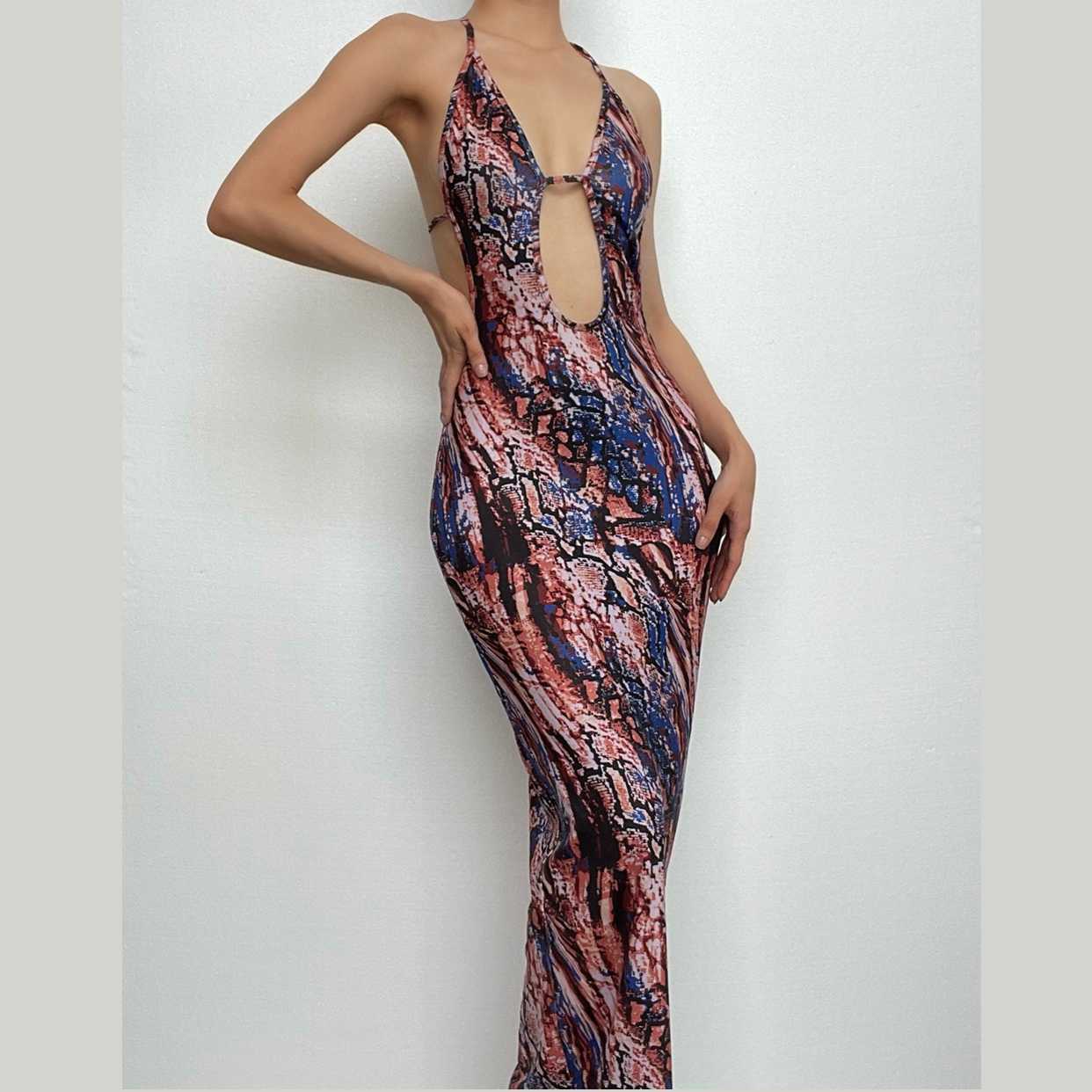 Y2K Aesthetic Backless Hollow Out Halter Maxi Dress with Contrast Print & Self Tie Detail