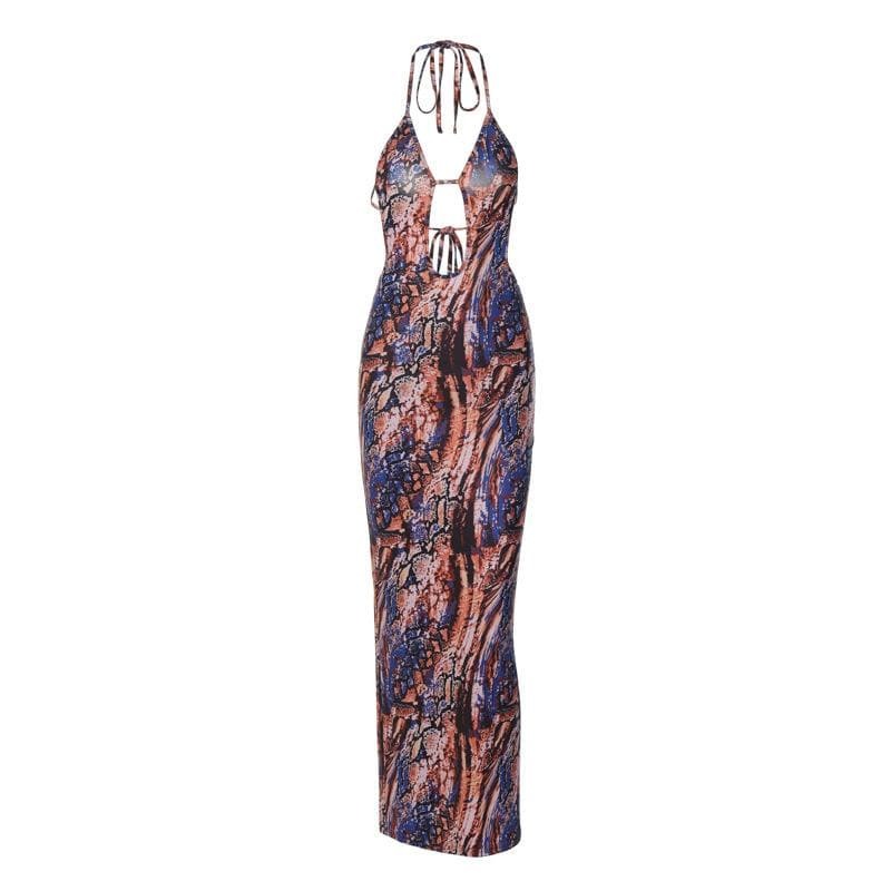 Y2K Aesthetic Backless Hollow Out Halter Maxi Dress with Contrast Print & Self Tie Detail