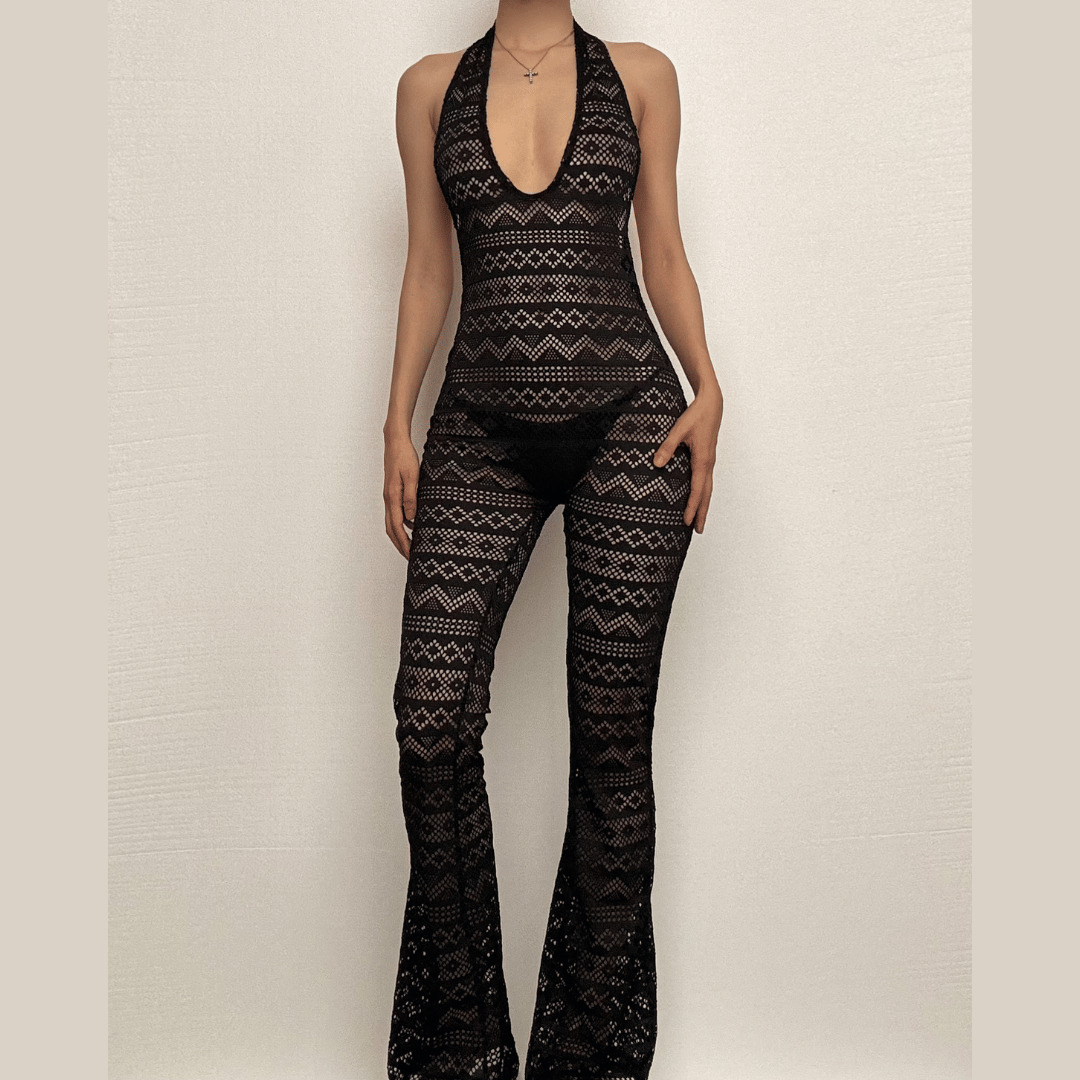 Y2K Aesthetic Backless Jumpsuit - Cute Halter Style with See-Through Hollow Out Design