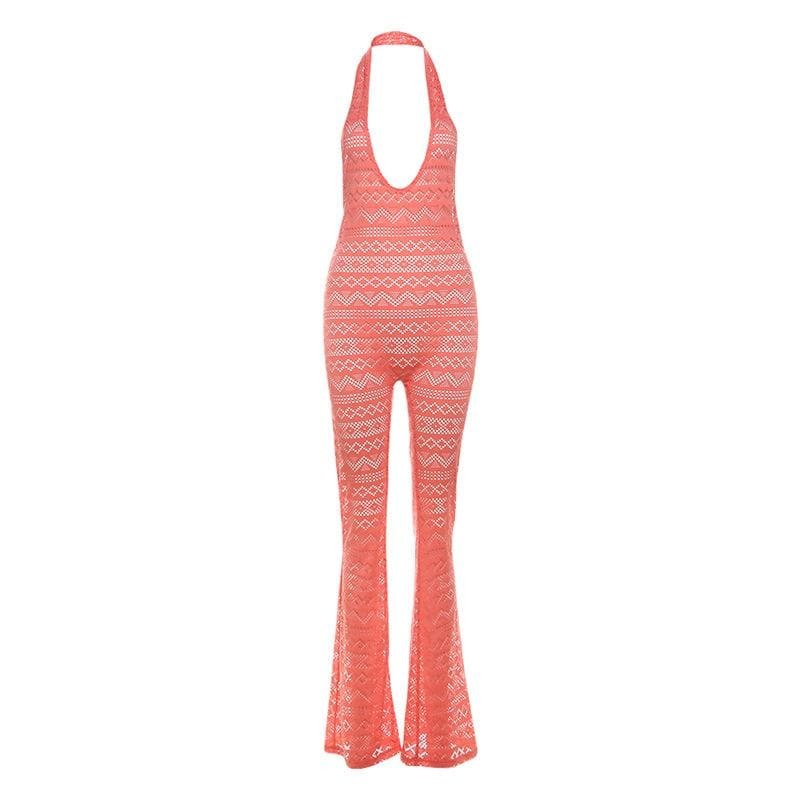 Y2K Aesthetic Backless Jumpsuit - Cute Halter Style with See-Through Hollow Out Design