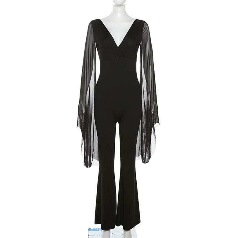 Y2K Aesthetic Backless Jumpsuit with Long Flared Sleeves - Cute Grunge & Coquette Style