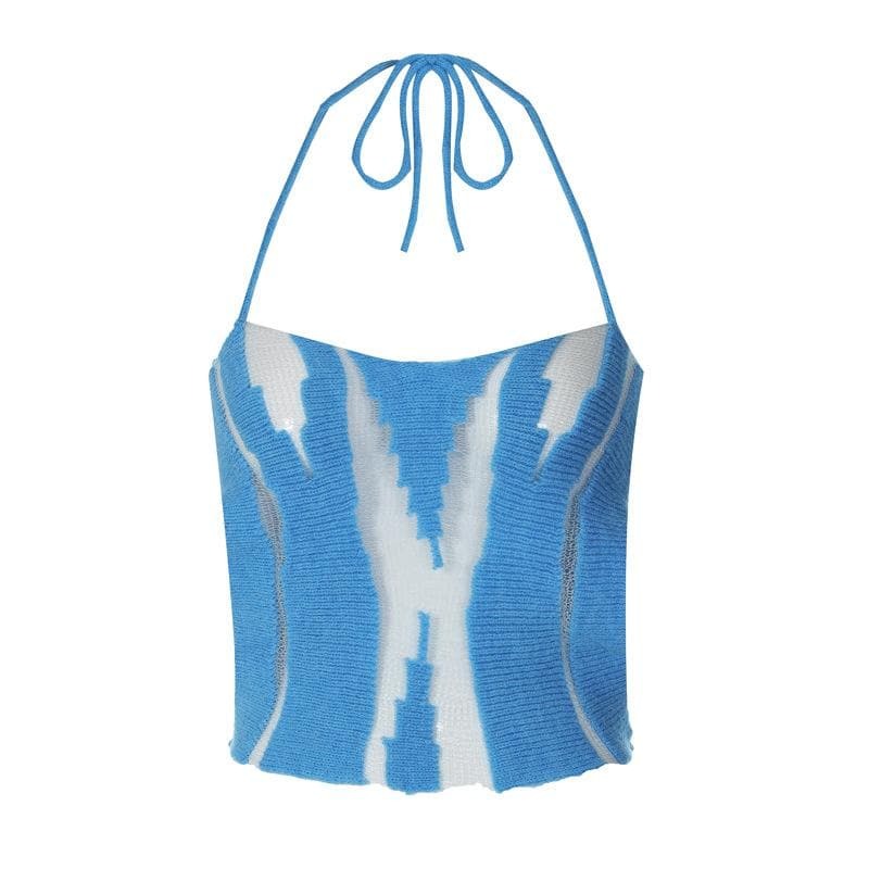 Y2K Aesthetic Backless Knitted Crop Top - Cute Halter Cut-Out for Coquette & Grunge Styles