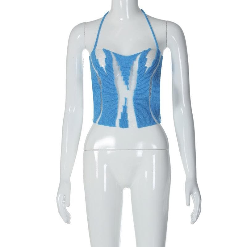 Y2K Aesthetic Backless Knitted Crop Top - Cute Halter Cut-Out for Coquette & Grunge Styles