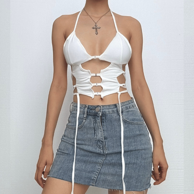 Y2K Aesthetic Backless Lace-Up Crop Top - Cute Halter Cut-Out for Coquette & Grunge Styles