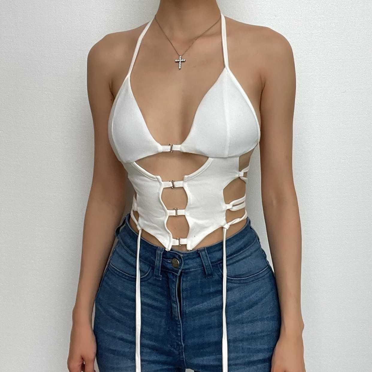 Y2K Aesthetic Backless Lace-Up Crop Top - Cute Halter Cut-Out for Coquette & Grunge Styles