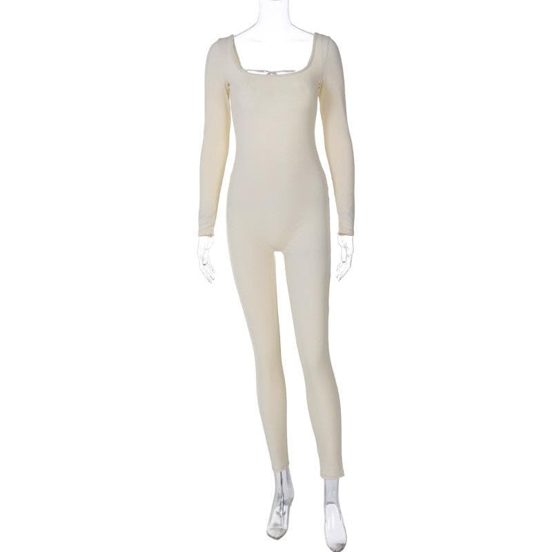 Y2K Aesthetic Backless Lace-Up Ribbed Square Neck Jumpsuit - Cute Grunge & Coquette Style