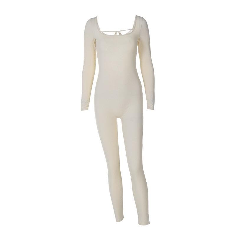 Y2K Aesthetic Backless Lace-Up Ribbed Square Neck Jumpsuit - Cute Grunge & Coquette Style