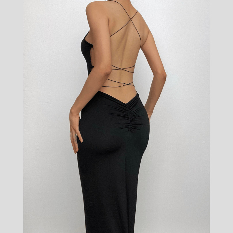 Y2K Aesthetic Backless Maxi Dress with Cross Back Lace-Up & Slit - Coquette & Grunge Style