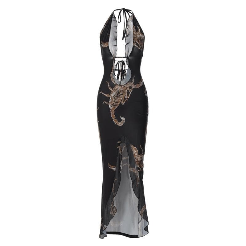 Y2K Aesthetic Backless Maxi Dress with Ruffle Slit & Scorpion Print - Trendy Coquette Style