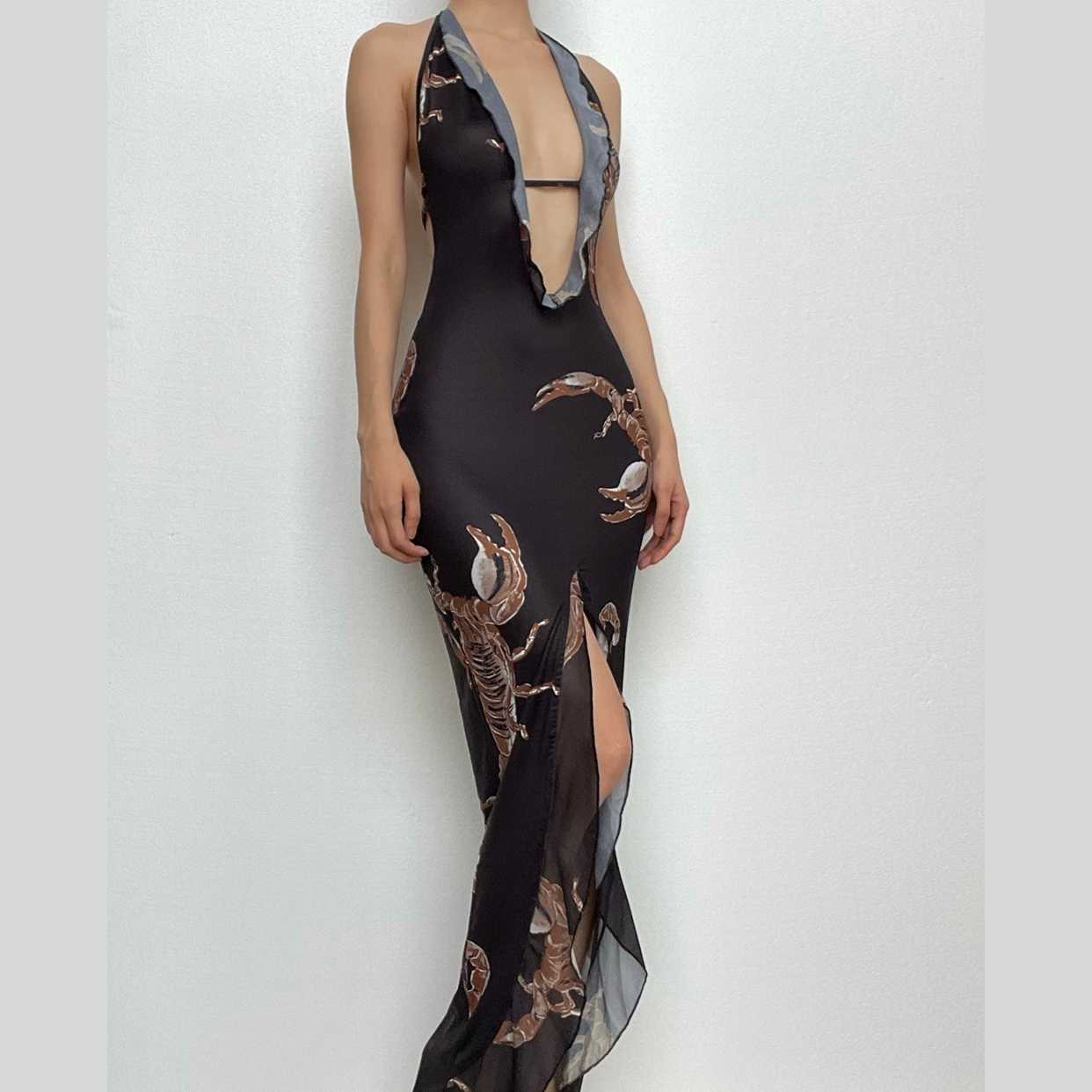 Y2K Aesthetic Backless Maxi Dress with Ruffle Slit & Scorpion Print - Trendy Coquette Style