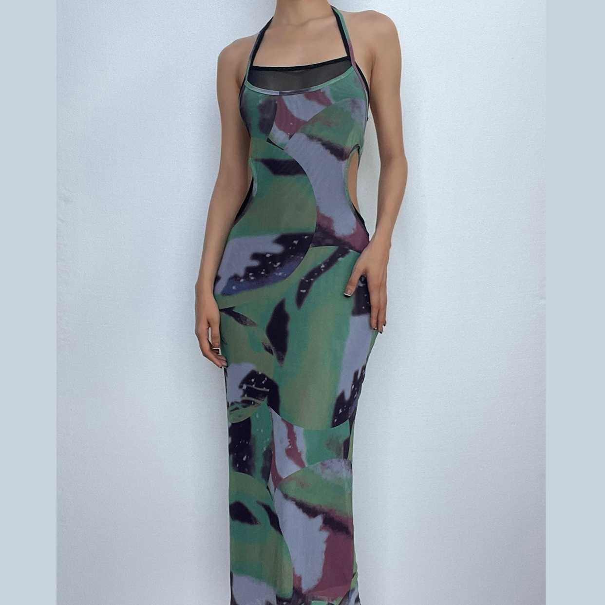 Y2K Aesthetic Backless Maxi Dress with Sheer Mesh & Contrast Print - Coquette & Grunge Style
