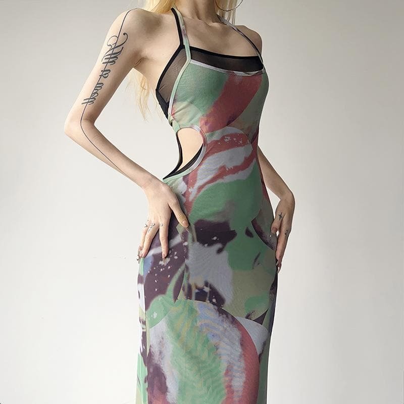 Y2K Aesthetic Backless Maxi Dress with Sheer Mesh & Contrast Print - Coquette & Grunge Style