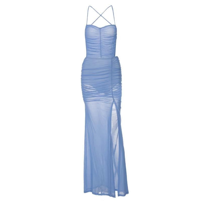 Y2K Aesthetic Backless Mesh Maxi Dress with Ruched Slit & Self-Tie for Coquette Style