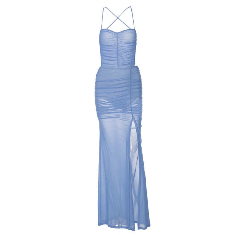 Y2K Aesthetic Backless Mesh Maxi Dress with Ruched Slit & Self-Tie for Coquette Style