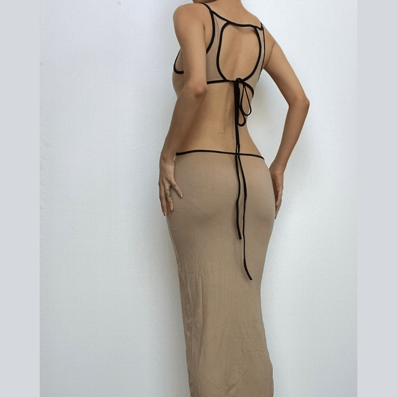 Y2K Aesthetic Backless Midi Dress with Cut-Outs, Slit, and Self-Tie Detail
