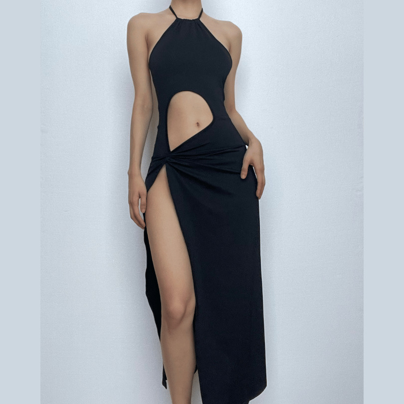 Y2K Aesthetic Backless Midi Dress with Slit & Ruched Cut-Outs - Coquette & Grunge Style