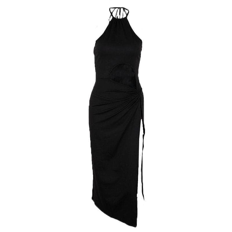 Y2K Aesthetic Backless Midi Dress with Slit & Ruched Cut-Outs - Coquette & Grunge Style