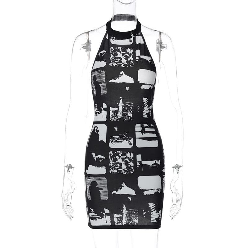 Y2K Aesthetic Backless Mini Dress - Cute Halter Contrast Print for Coquette & Grunge Styles