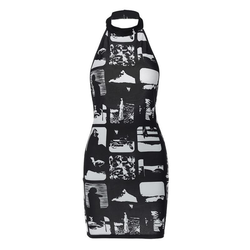 Y2K Aesthetic Backless Mini Dress - Cute Halter Contrast Print for Coquette & Grunge Styles
