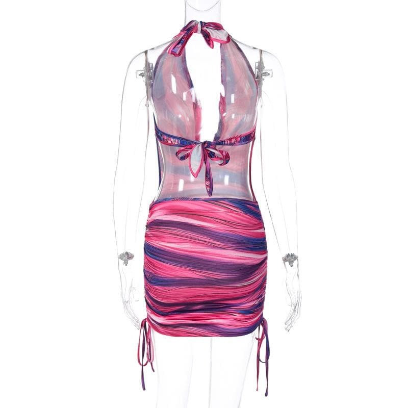 Y2K Aesthetic Backless Mini Dress with Cowl Neck & Drawstring - Cute Coquette Style