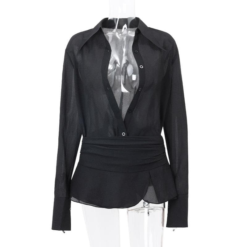 Y2K Aesthetic Button Turnover Collar Long Sleeve Mini Skirt Set - Cute Grunge Style Outfit