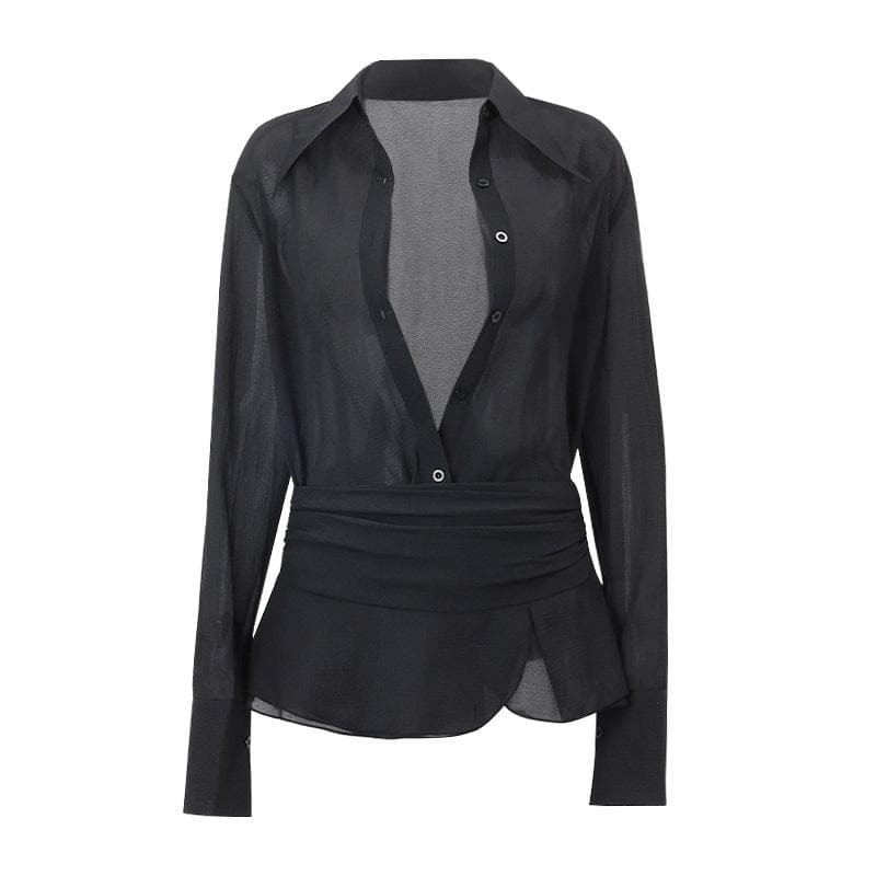 Y2K Aesthetic Button Turnover Collar Long Sleeve Mini Skirt Set - Cute Grunge Style Outfit