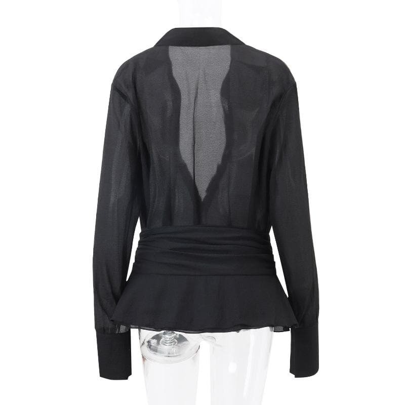 Y2K Aesthetic Button Turnover Collar Long Sleeve Mini Skirt Set - Cute Grunge Style Outfit