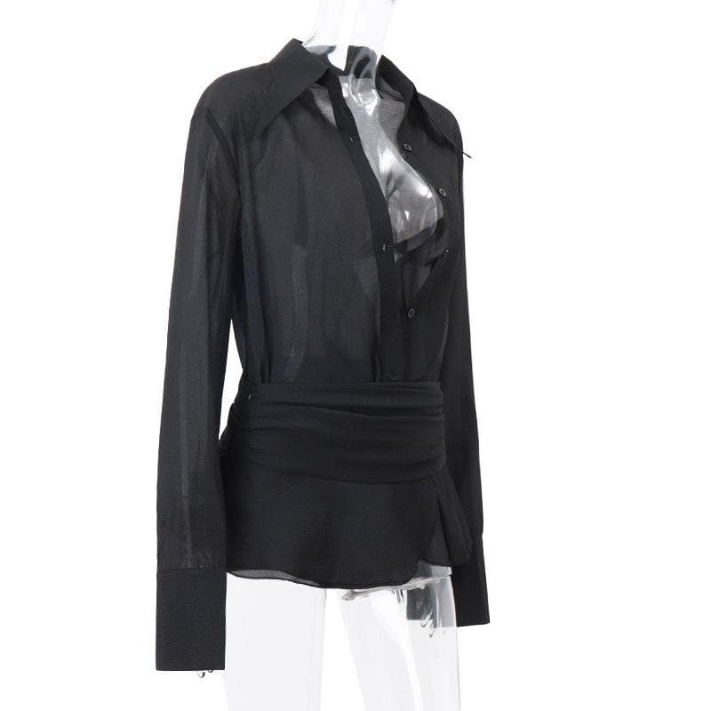 Y2K Aesthetic Button Turnover Collar Long Sleeve Mini Skirt Set - Cute Grunge Style Outfit