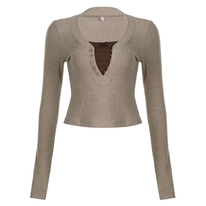 Y2K Aesthetic Contrast Patchwork Long Sleeve Top - Cute Grunge & Coquette Style