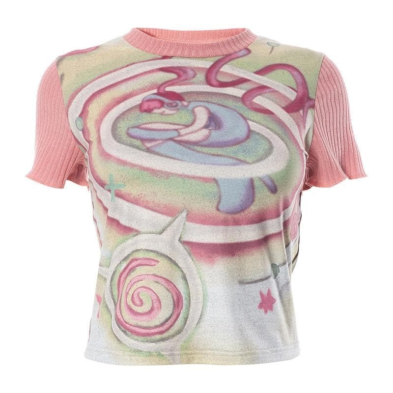 Y2K Aesthetic Contrast Patchwork Top - Cute Short Sleeve Crewneck for Grunge & Coquette Styles