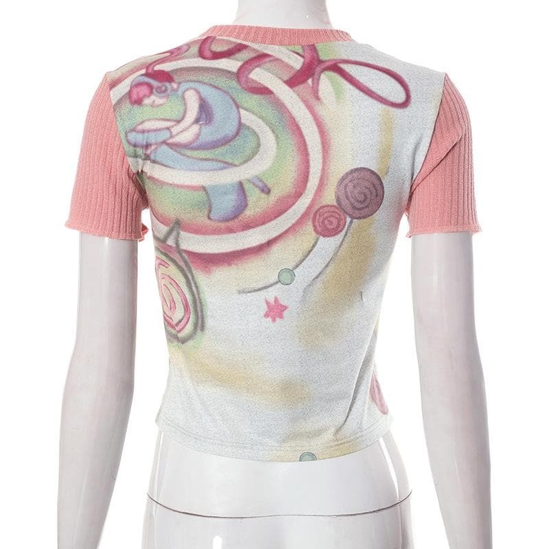 Y2K Aesthetic Contrast Patchwork Top - Cute Short Sleeve Crewneck for Grunge & Coquette Styles