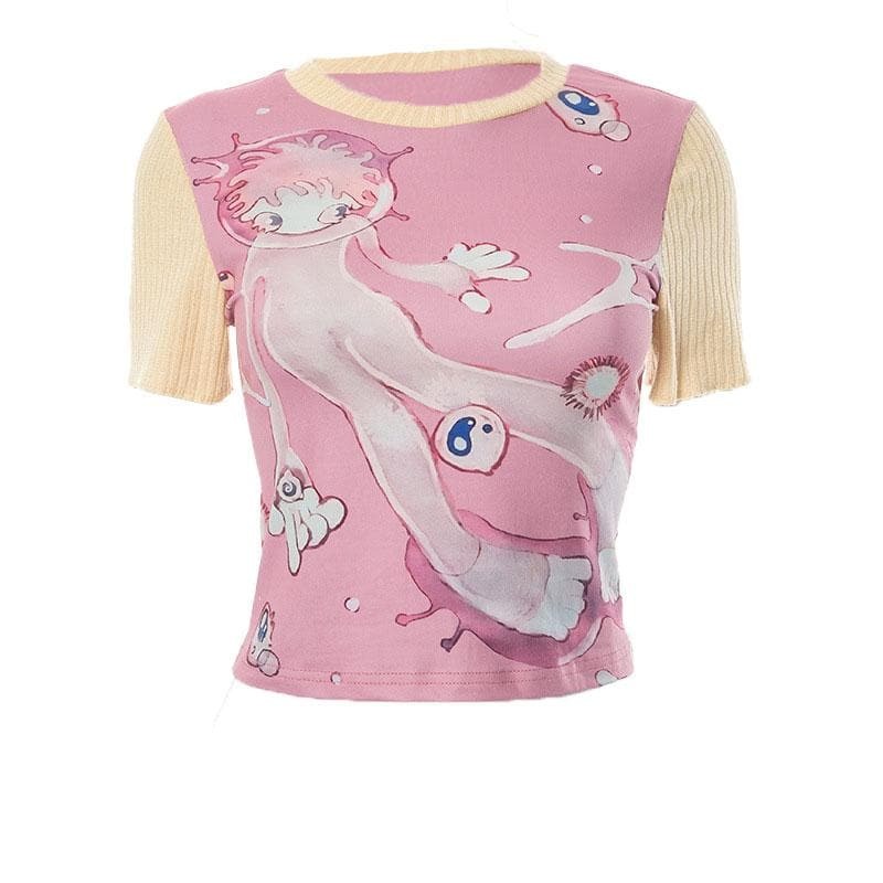 Y2K Aesthetic Contrast Patchwork Top - Cute Short Sleeve Crewneck for Grunge & Coquette Styles
