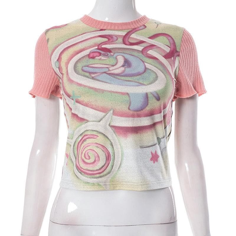 Y2K Aesthetic Contrast Patchwork Top - Cute Short Sleeve Crewneck for Grunge & Coquette Styles