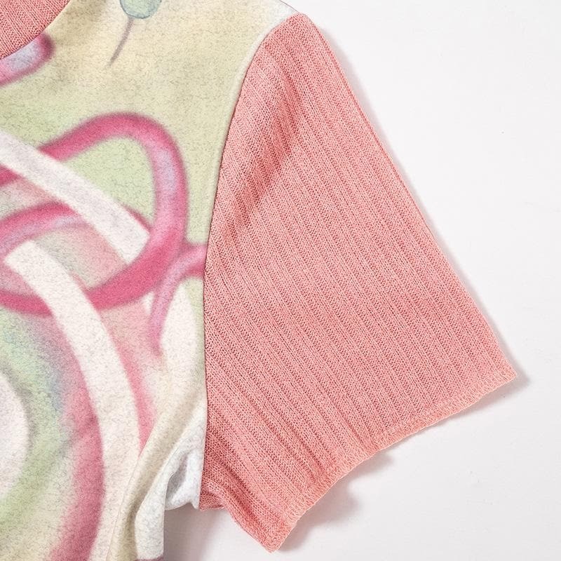 Y2K Aesthetic Contrast Patchwork Top - Cute Short Sleeve Crewneck for Grunge & Coquette Styles