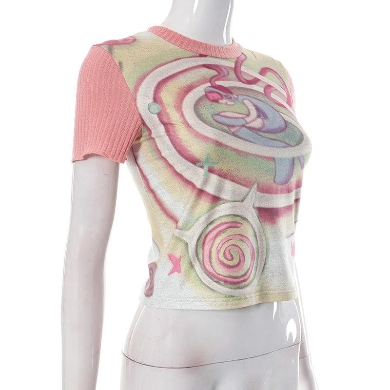 Y2K Aesthetic Contrast Patchwork Top - Cute Short Sleeve Crewneck for Grunge & Coquette Styles