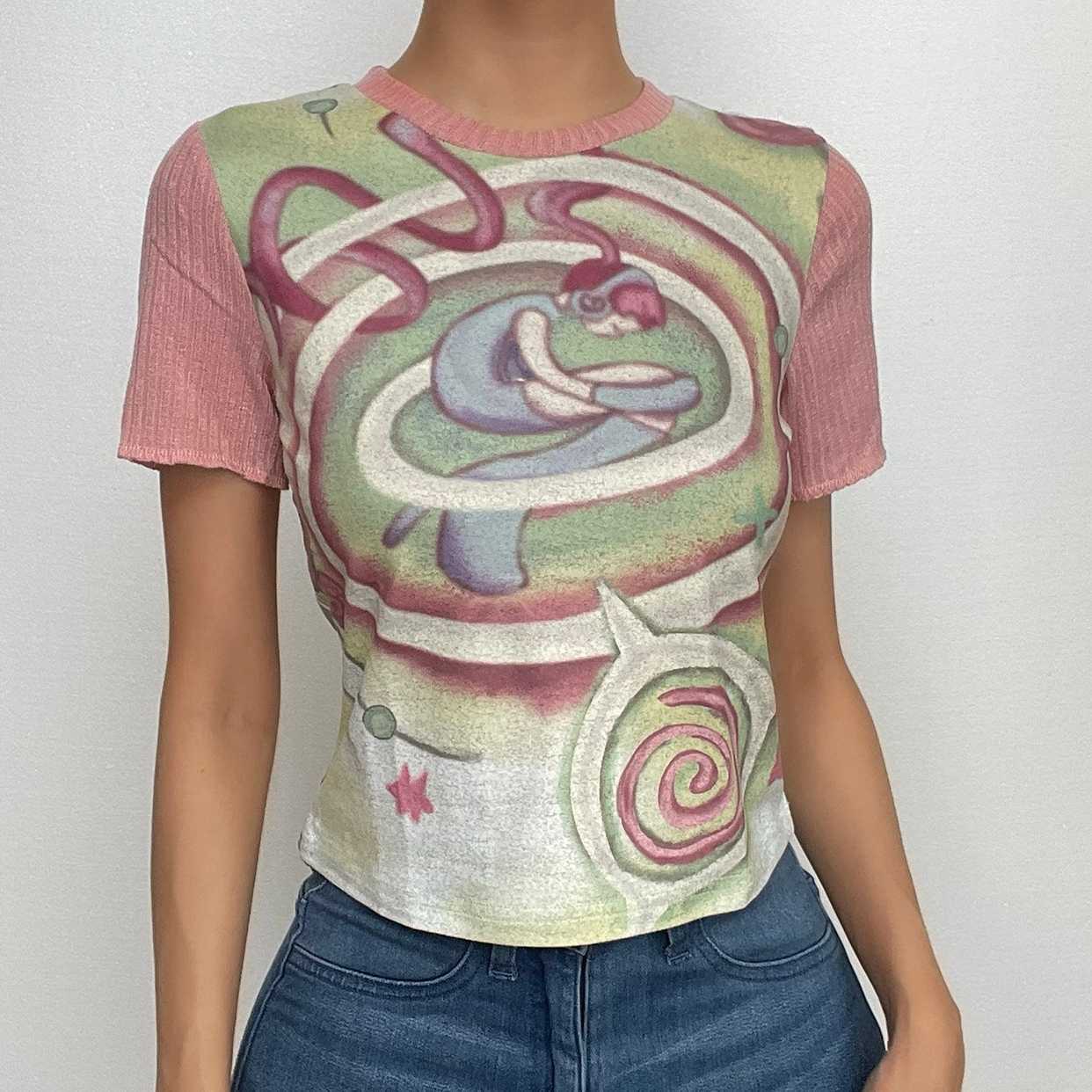 Y2K Aesthetic Contrast Patchwork Top - Cute Short Sleeve Crewneck for Grunge & Coquette Styles