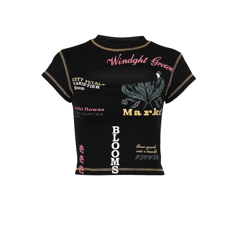 Y2K Aesthetic Contrast Print Hollow Out Crop Top - Cute Stitch Detail for Grunge & Coquette Styles