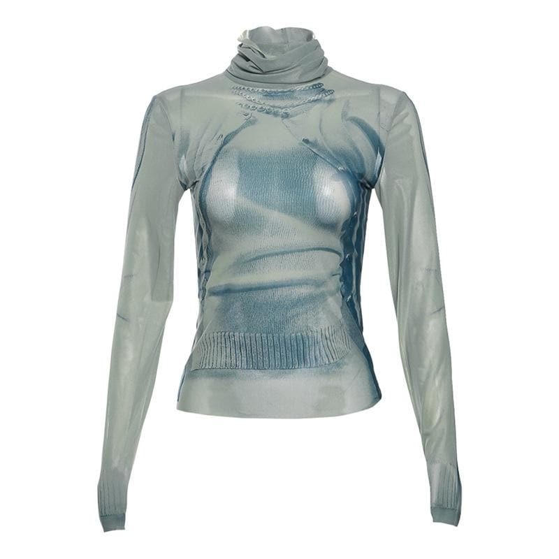 Y2K Aesthetic Contrast Print Sheer Mesh Turtleneck Long Sleeve Top for Trendy Outfits