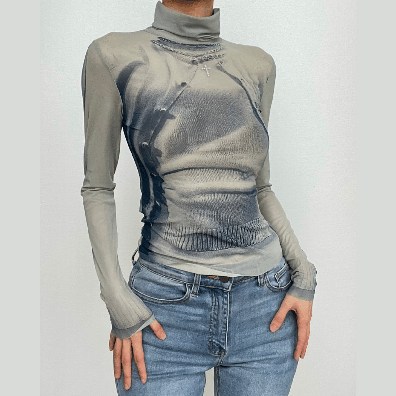 Y2K Aesthetic Contrast Print Sheer Mesh Turtleneck Long Sleeve Top for Trendy Outfits