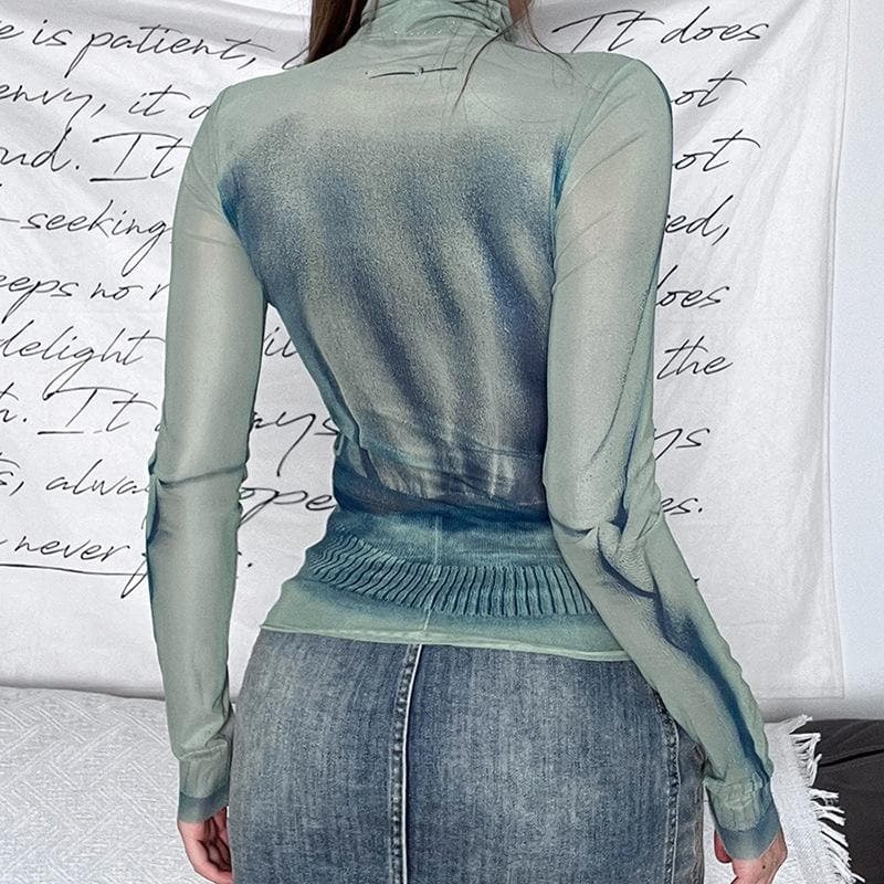 Y2K Aesthetic Contrast Print Sheer Mesh Turtleneck Long Sleeve Top for Trendy Outfits