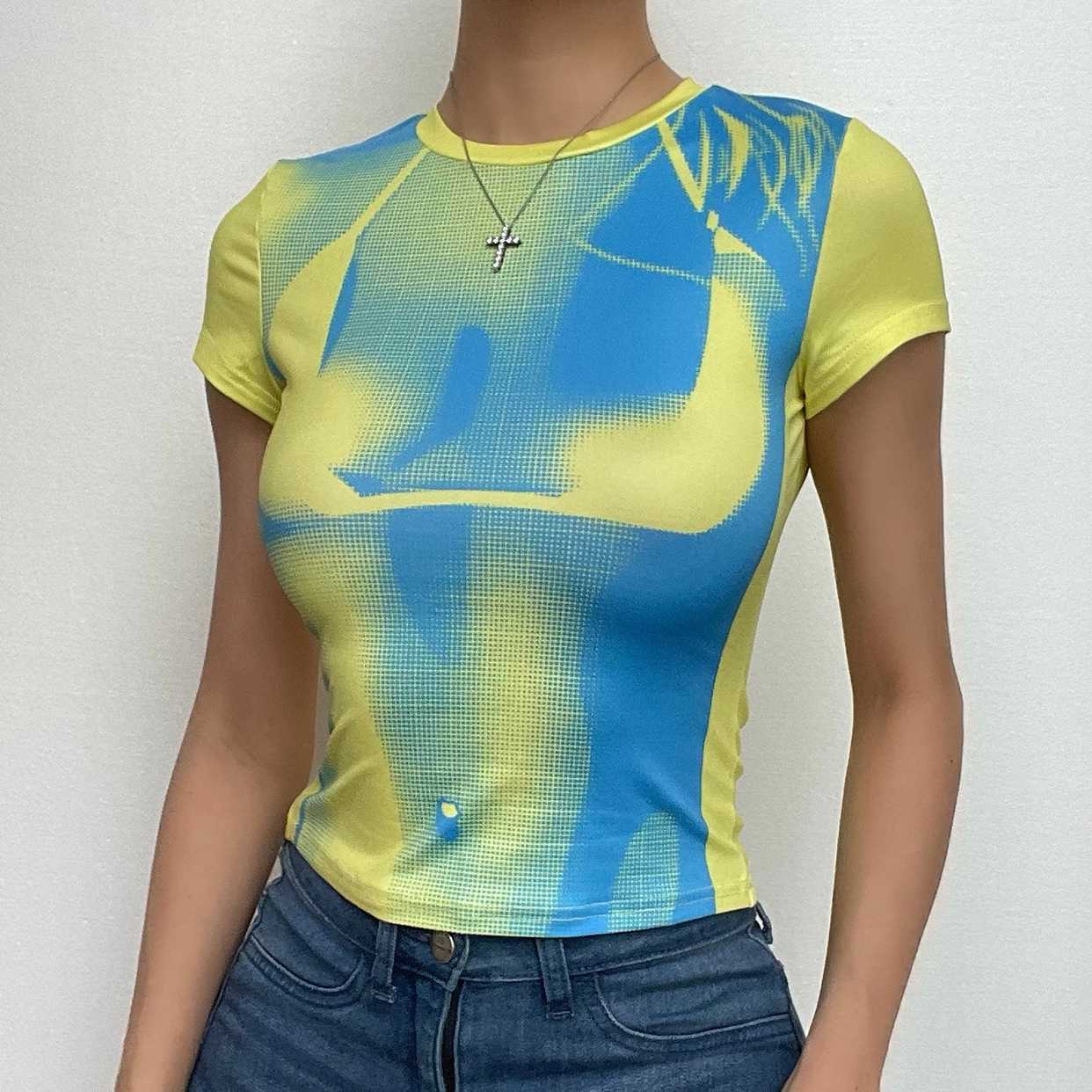 Y2K Aesthetic Contrast Print Short Sleeve Crop Top - Cute Coquette & Grunge Style
