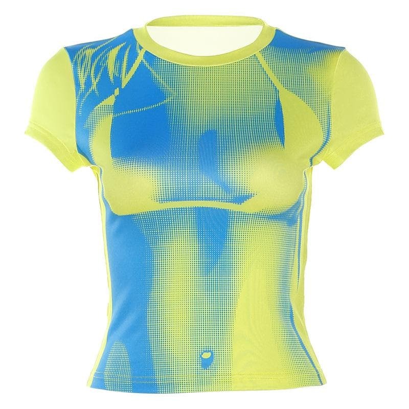 Y2K Aesthetic Contrast Print Short Sleeve Crop Top - Cute Coquette & Grunge Style