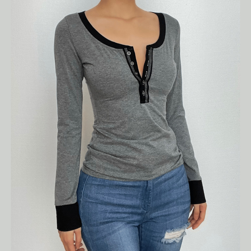 Y2K Aesthetic Contrast Stitch Long Sleeve V-Neck Top - Cute Grunge & Coquette Style