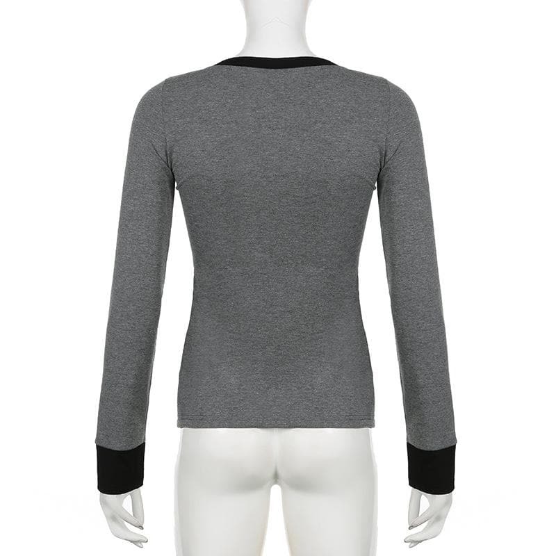 Y2K Aesthetic Contrast Stitch Long Sleeve V-Neck Top - Cute Grunge & Coquette Style