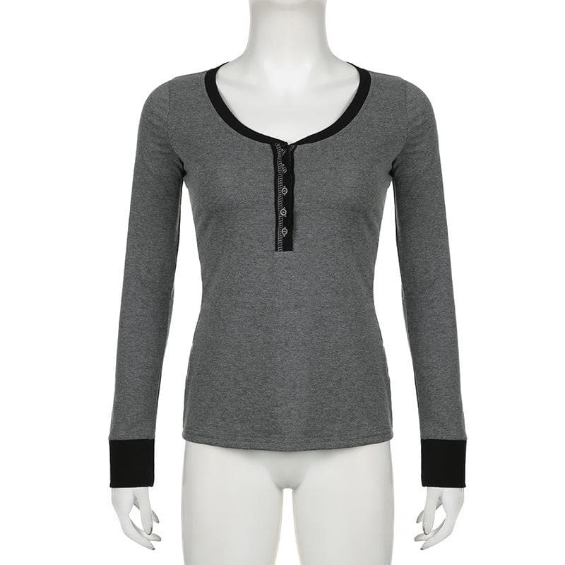 Y2K Aesthetic Contrast Stitch Long Sleeve V-Neck Top - Cute Grunge & Coquette Style