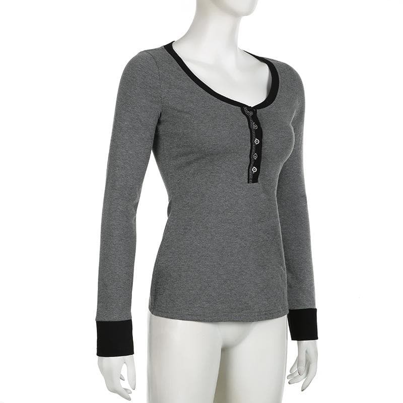 Y2K Aesthetic Contrast Stitch Long Sleeve V-Neck Top - Cute Grunge & Coquette Style