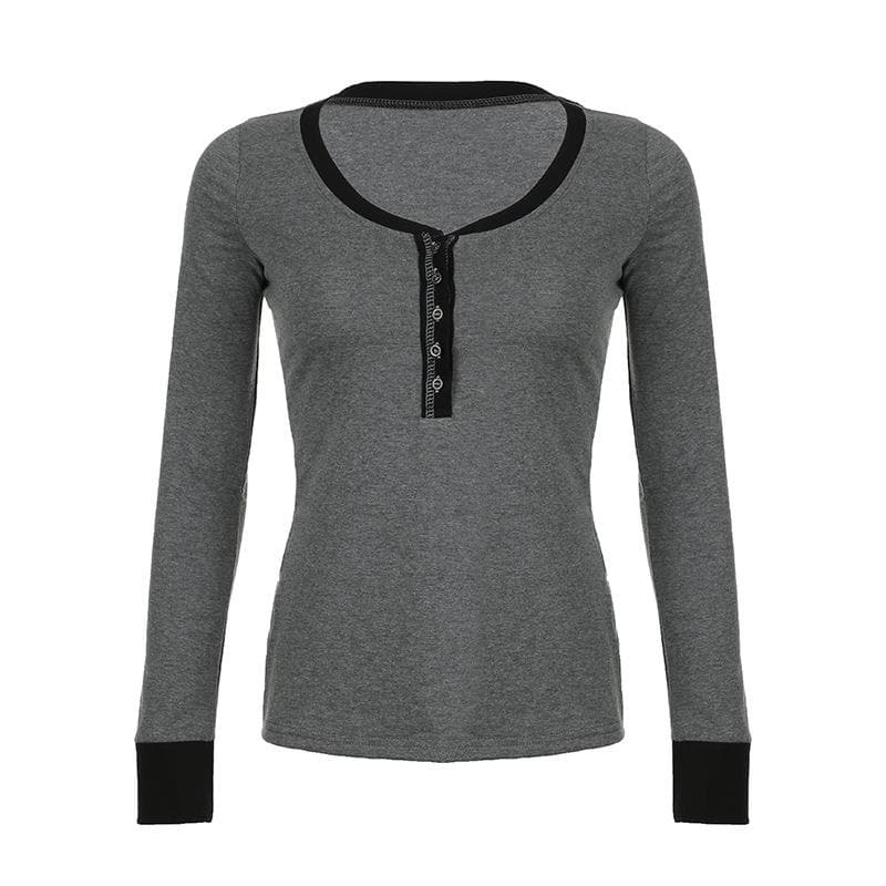 Y2K Aesthetic Contrast Stitch Long Sleeve V-Neck Top - Cute Grunge & Coquette Style