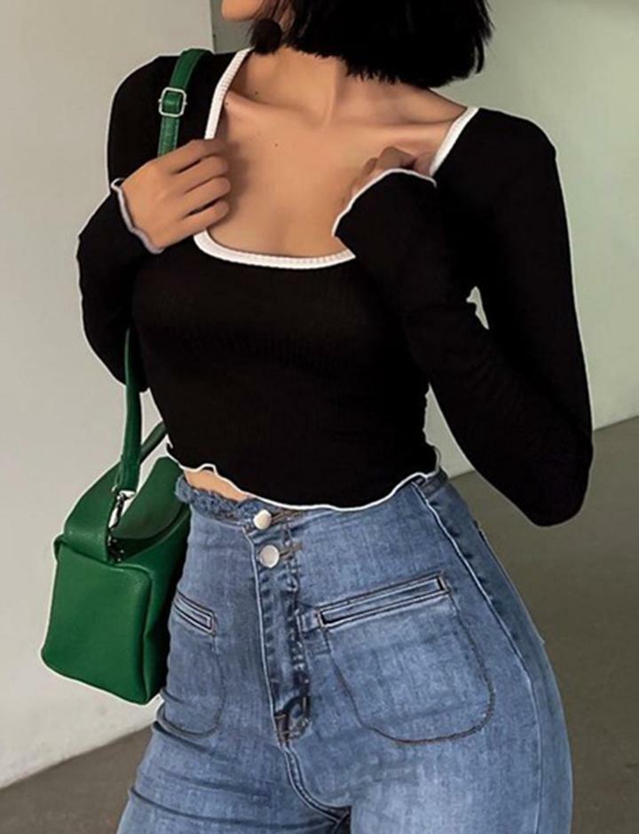 Y2K Aesthetic Contrast Tape Patched Square Neck Crop Top - Cute Grunge & Coquette Style