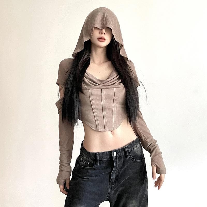 Y2K Aesthetic Cowl Neck Crop Top - Hollow Out Long Sleeve Corset Style for Grunge & Coquette Looks