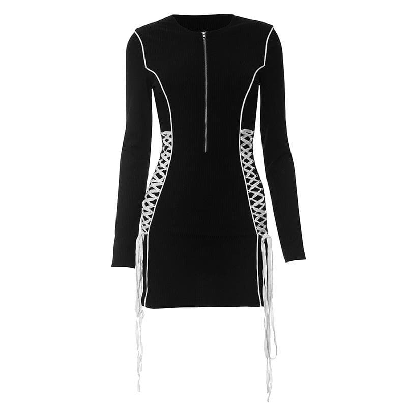 Y2K Aesthetic Crewneck Long Sleeve Lace-Up Mini Dress - Grunge & Coquette Style